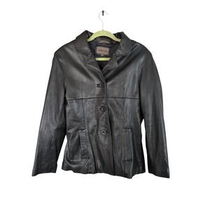 Vintage Brandon Thomas Black Leather Blazer Y2K Jacket Button Up Coat Size M